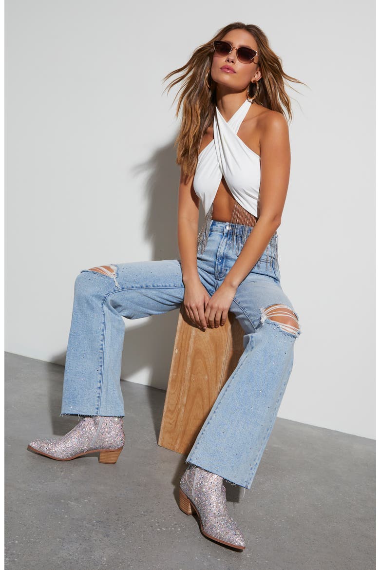 Wilda Icon Diamonte Ripped Straight Leg Jeans, Alternate, color, LIGHT WASH