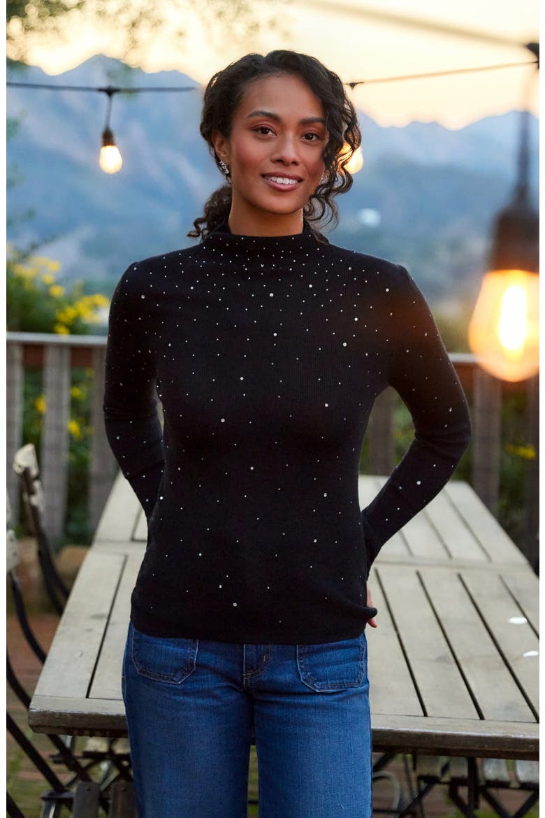 Rhinestone Mock Neck Sweater, Alternate, color, BLACK