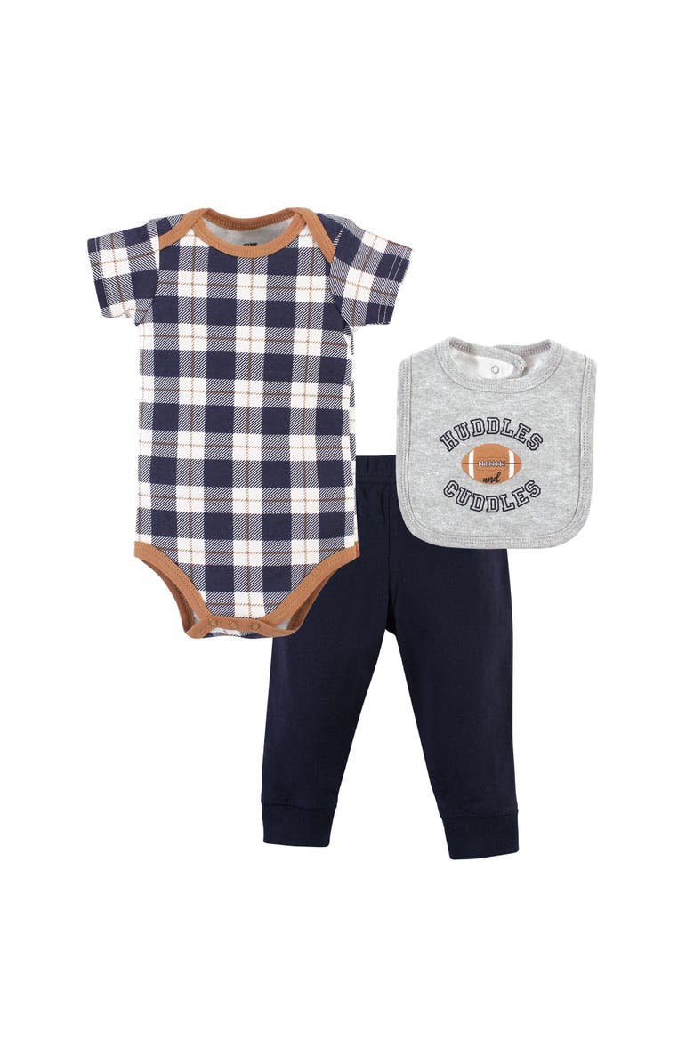 Hudson Baby Cotton Bodysuit, Pant and Bib Set, Main, color, Football Huddles