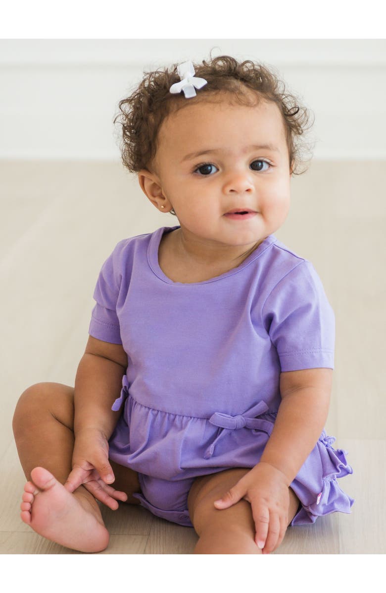 RuffleButts Knit Short Sleeve Bow Bubble Romper, Alternate, color, Wisteria Purple