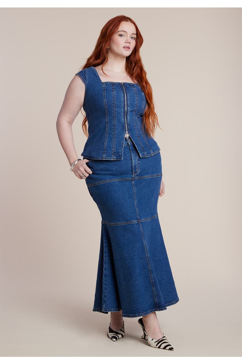 Fitted Square Neck Denim Top, Alternate, color, MEDIUM WASH
