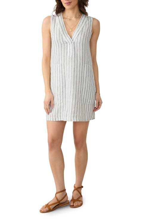 Azure Variegated Stripe Sleeveless Linen Minidress