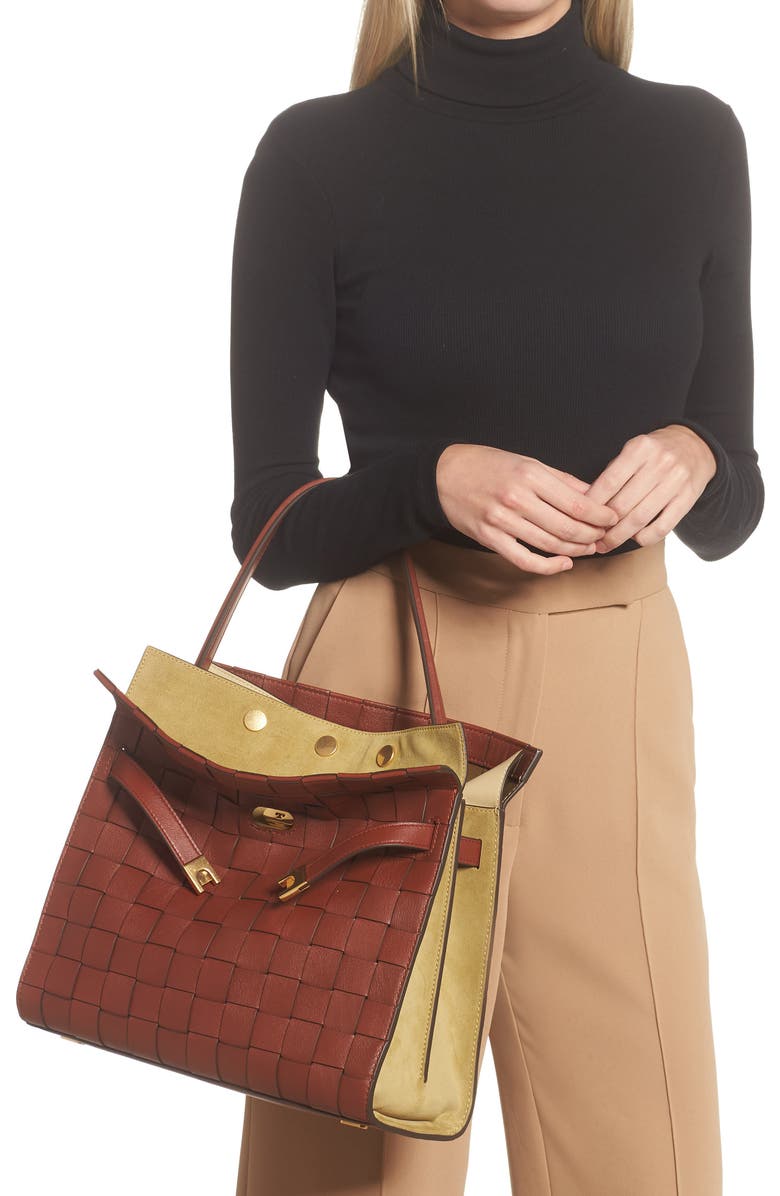 Tory Burch Lee Radziwill Woven Leather Double Bag, Alternate, color,