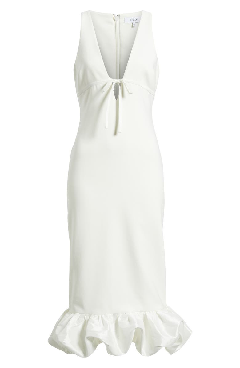 LIKELY Balta Ruffle Hem Mixed Media Cocktail Midi Dress, Alternate, color, White