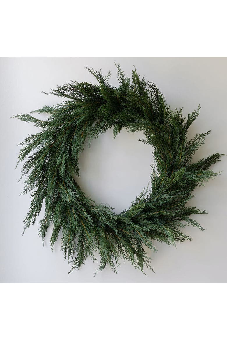 30" Faux Evergreen Cedar Wreath, Main, color, Green