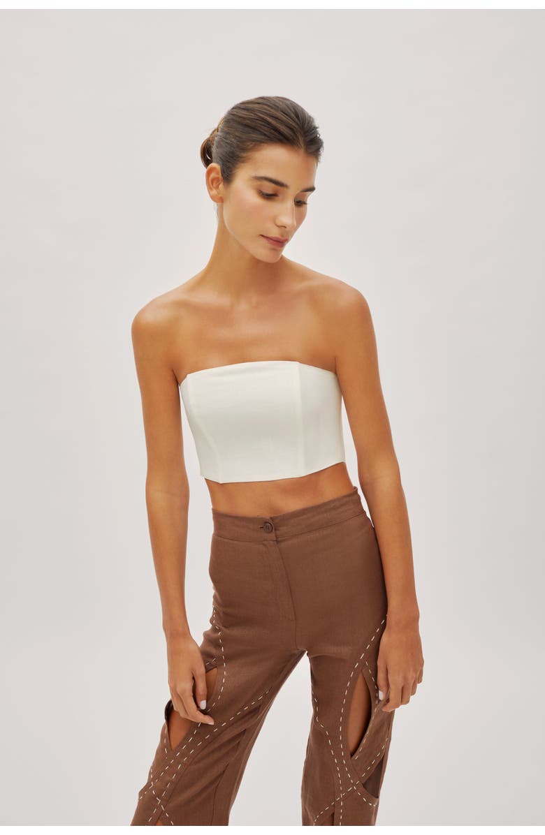 Labeca London Asher Cappuccino Linen Cut Out Contrast Stitch Pants, Alternate, color, Brown