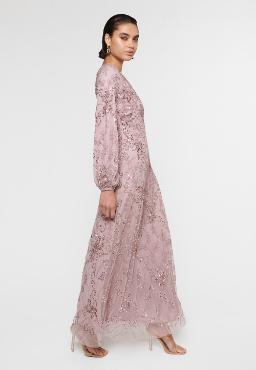 Shop Maryisa Occasion Modest Embellished Sequin Beaded Floral Evening Gown In Frosted Pink