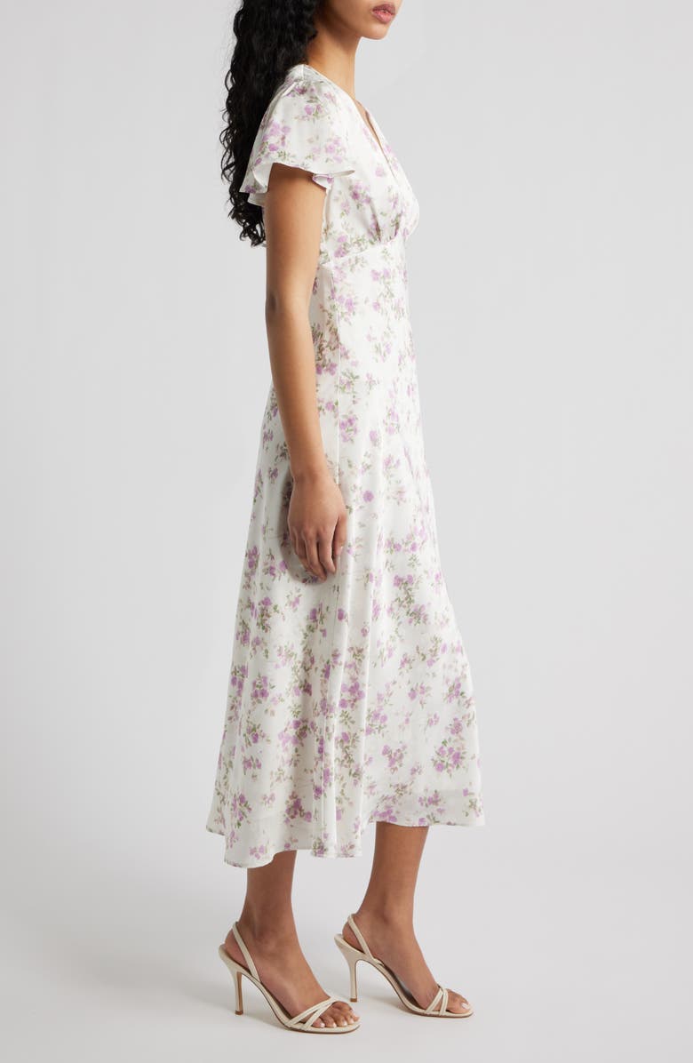 Lulus Fernanda Floral Flutter Sleeve Maxi Dress, Alternate, color, White / Purple Floral