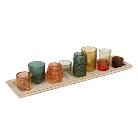 Round Glass Votive Holders On Wood Tray, Multicolor, Set Of 9