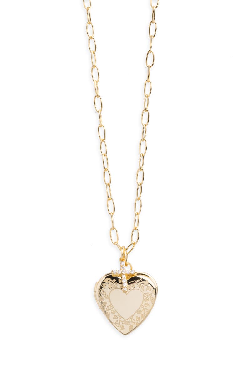 Argento Vivo Sterling Silver Pavé Cross Charm & Engraved Heart Locket Necklace, Main, color, Gold