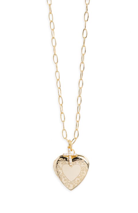 Pavé Cross Charm & Engraved Heart Locket Necklace