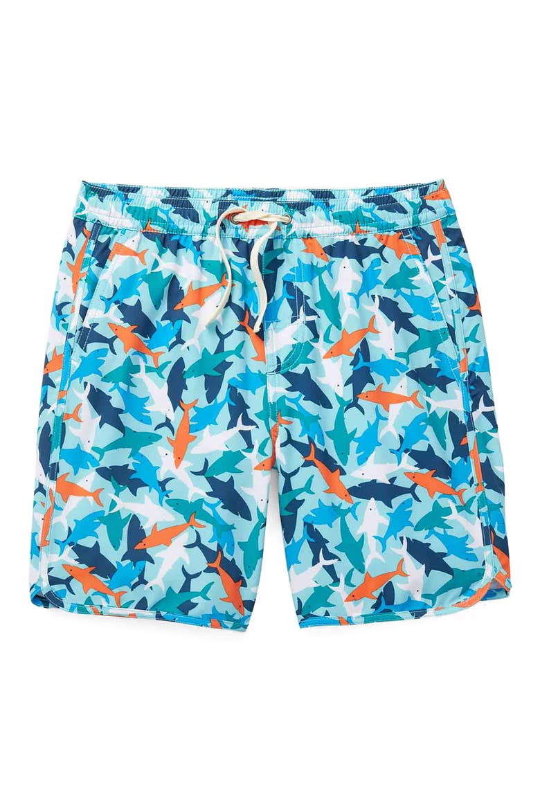 Kids' Anchor Shark Print Water Repellent Swim Trunks, Main, color, REEF SHARKS