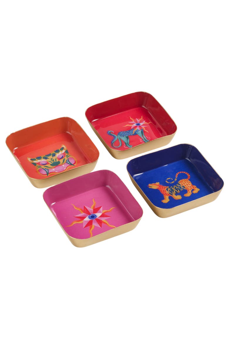 Nanpur Patterned Square Metal Decorative Tray 4 Pcs Set, Alternate, color, Pink