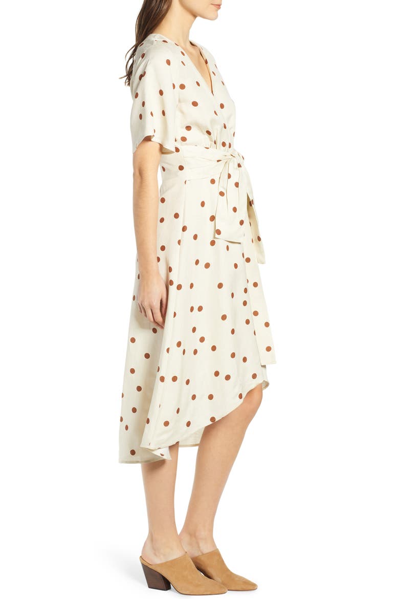 Polka Dot Linen Blend Midi Wrap Dress, Alternate, color, CREAM/ TAN
