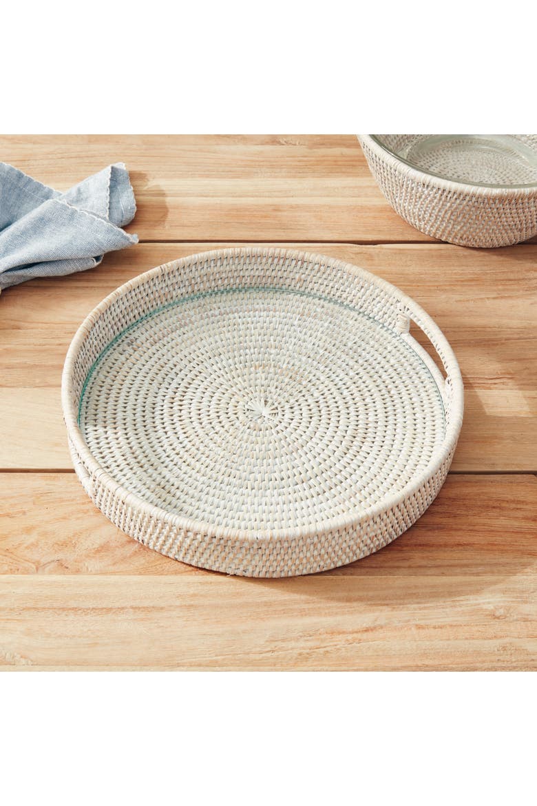 12.75"  Burma Rattan Whitewash Round Natural Woven Wicker Serving Tray, Alternate, color, White