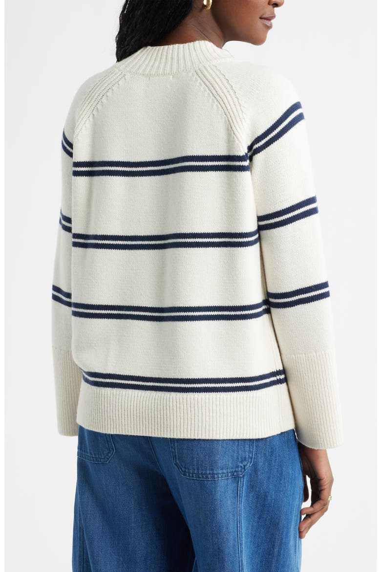 Bell Sleeve Mock Neck Merino Wool & Cotton Sweater, Alternate, color, IVORY- NAVY DUO STRIPE