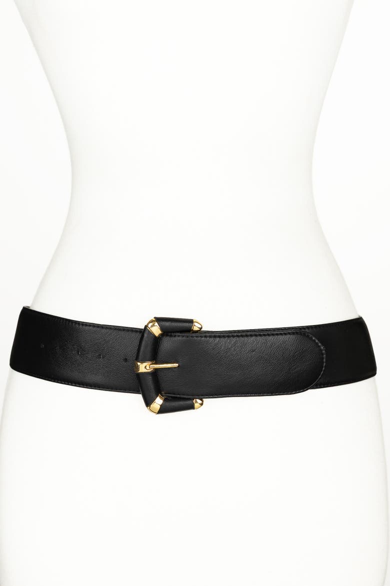 Leather Covered  Geometric Buckle Belt, Main, color, Black