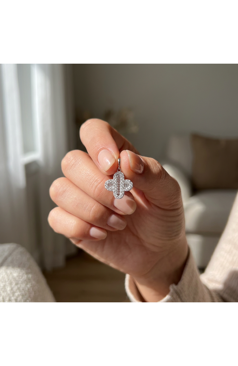 LuvMyJewelry Alina 0.7 Cts 14K Gold Baguette & Round Cut Diamond Clover Pendant with Optional Chain, Alternate, color, White Gold With Chain