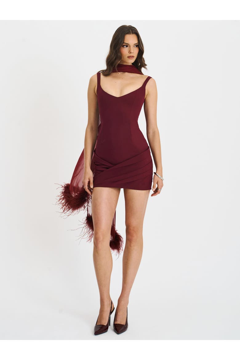 Tori Pleated Mini Dress with Chiffon Scarf, Alternate, color, Wine