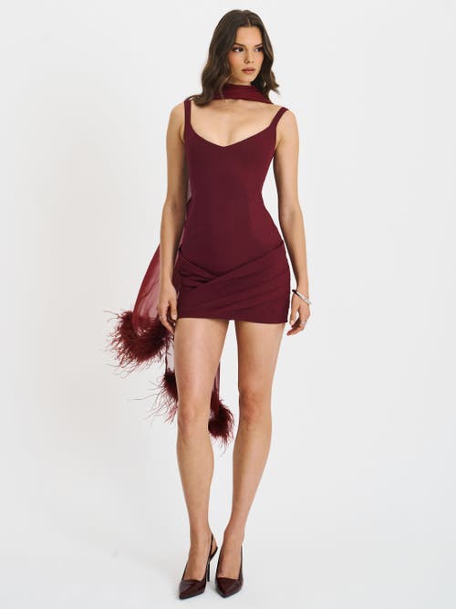 Miss Circle Tori Pleated Mini Dress With Chiffon Scarf In Burgundy