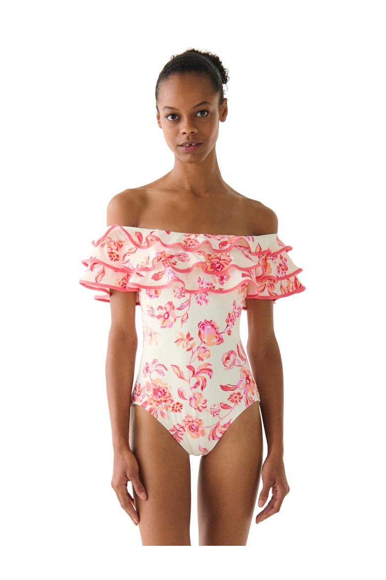 Floral Toile Ruffle Off the Shoulder One Piece Swimsuit, Main, color, Light Cantaloupe