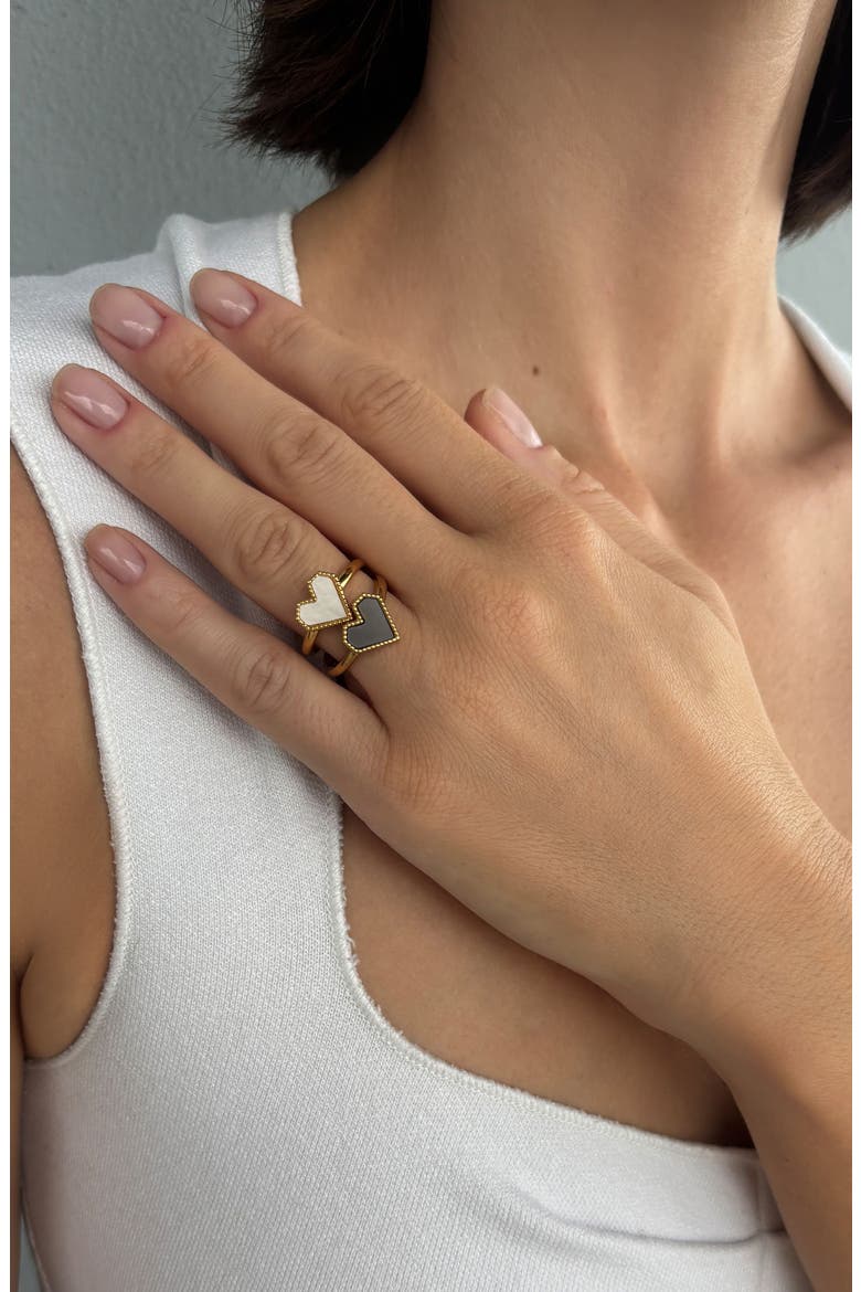 Set of 2 Heart Rings, Alternate, color, GOLD/ WHITE/ BLACK