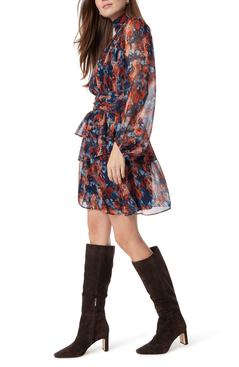 Sam Edelman Ava Ruffle Long Sleeve Chiffon Dress, Alternate, color, Navy-Flora Futura