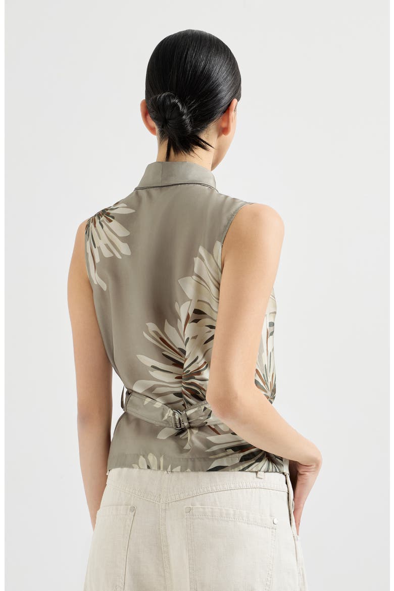 Bloom print pongee vest, Alternate, color, Khaki