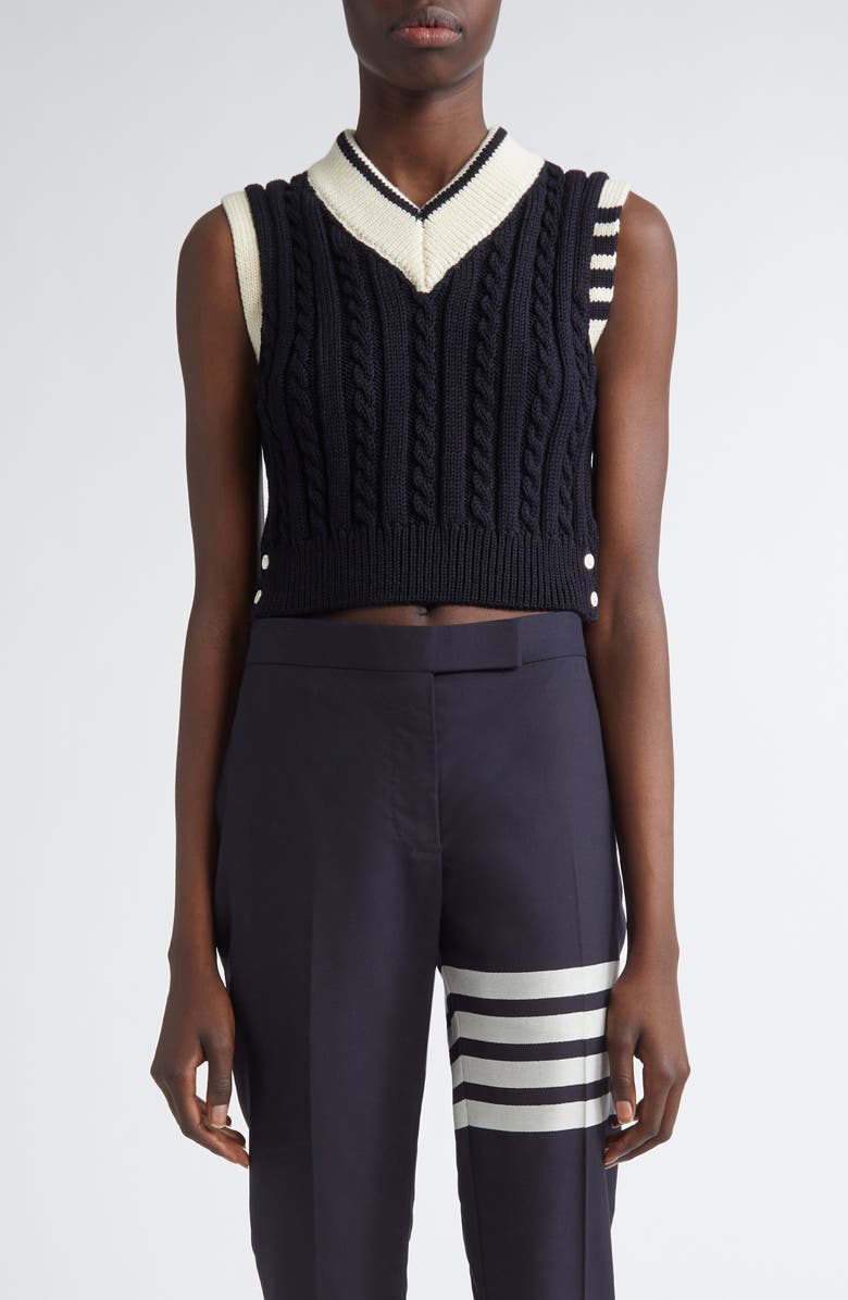 Thom Browne Cable Knit 4-Bar Virgin Wool Sweater Vest, Main, color, Navy