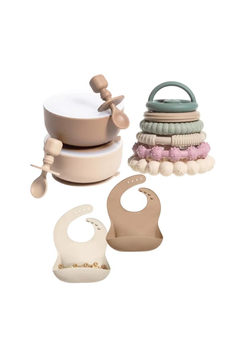 Silicone Suction Bowl Set with Lids and Spoons, Waterproof Bibs, Stacking Teether Toys, BPA Free Baby Shower Kit, Main, color, Neutral