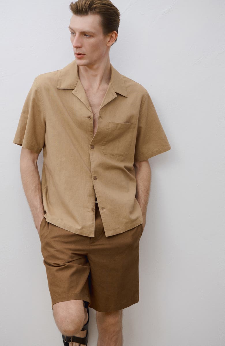 MANGO Oversize Cotton & Linen Camp Shirt, Alternate, color, Beige