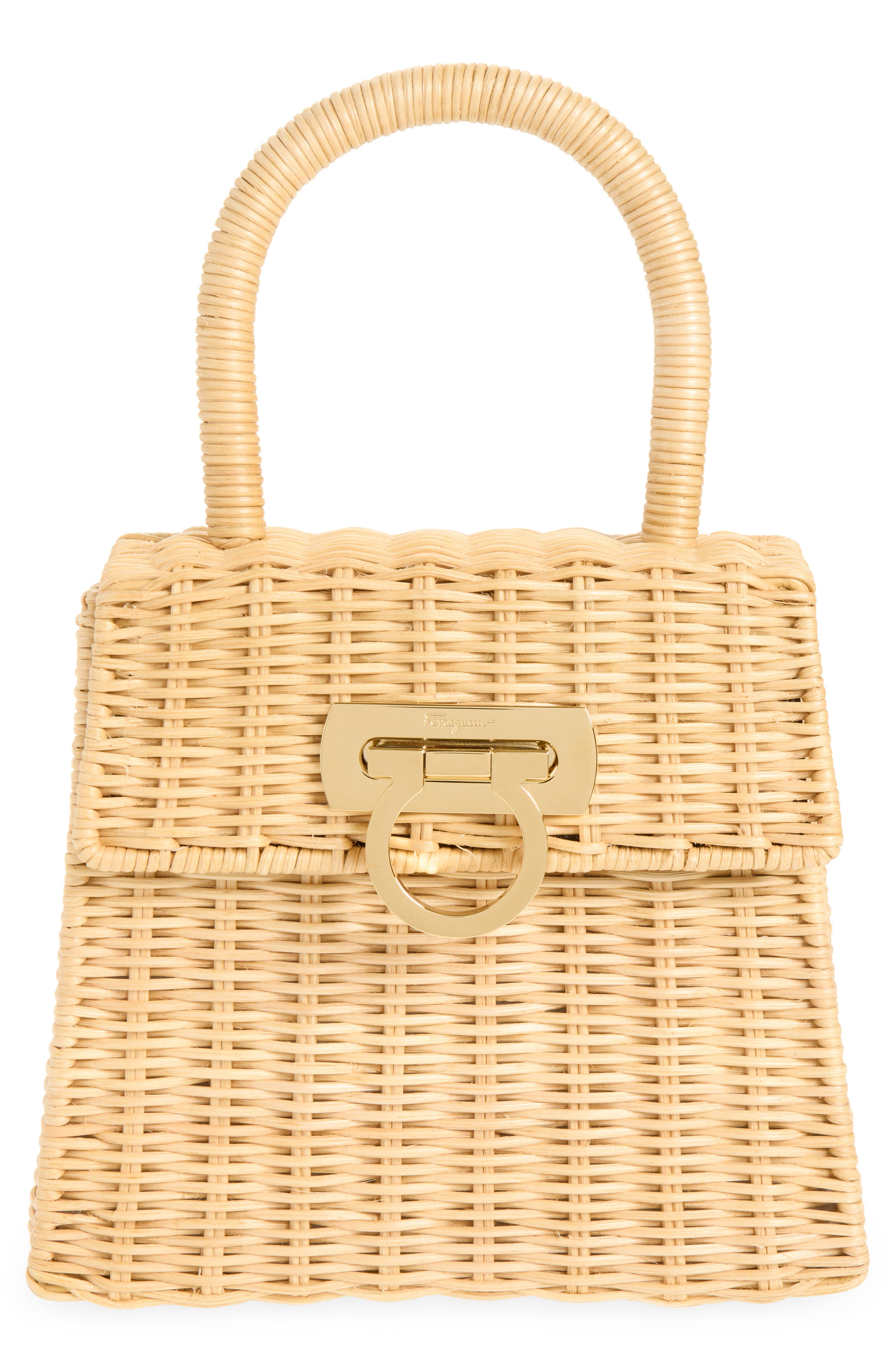 FERRAGAMO Small Iconic Top Handle Wicker Handbag, Main, color, Naturale Nero