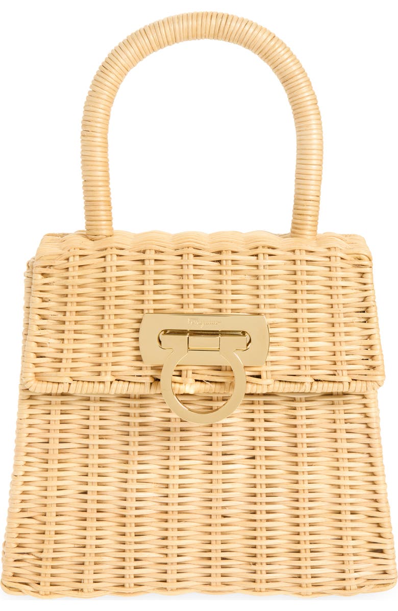 FERRAGAMO Small Iconic Top Handle Wicker Handbag, Main, color, Naturale Nero