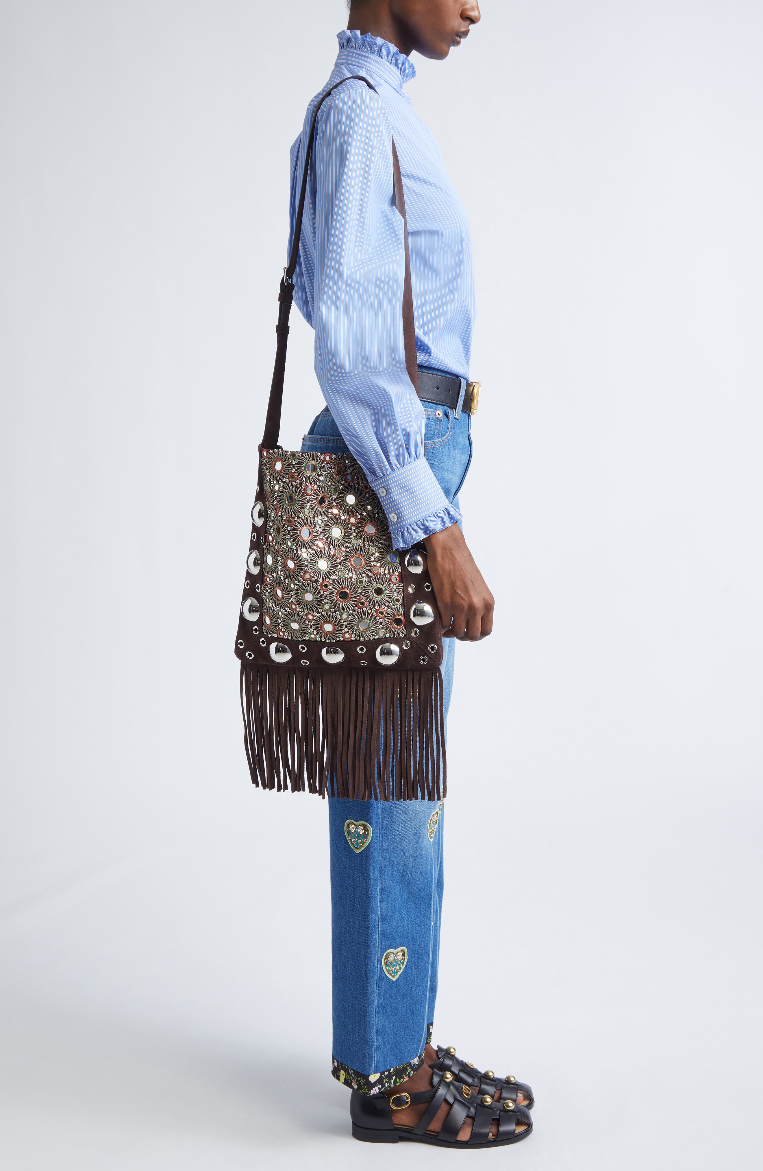Valentino Garavani Medium Nellcôte Fringed Studded Suede Shoulder Bag, Alternate, color, Multicolor/ Testa Di Moro