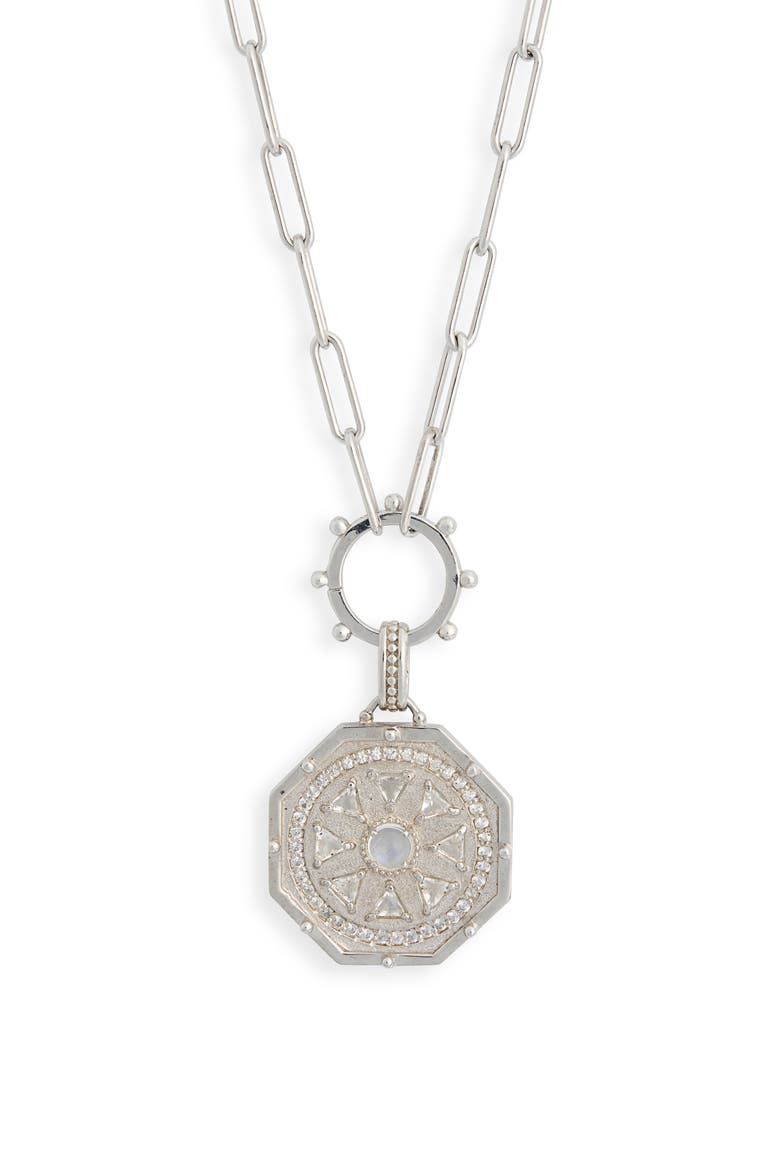 Deco Moonstone Medallion Pendant Necklace, Main, color, SILVER