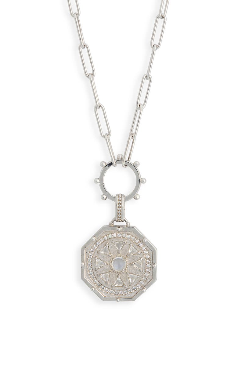 Anzie Deco Moonstone Medallion Pendant Necklace, Main, color, Silver