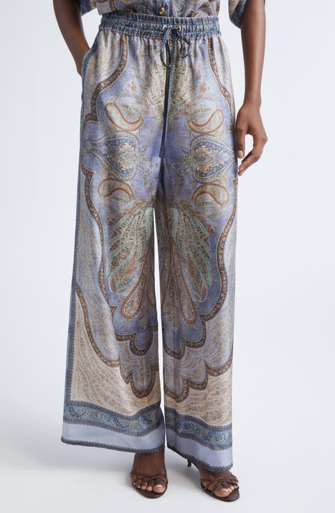 Wanderlust Paisley Relaxed Wide Leg Habutai Silk Drawstring Pants (Regular & Petite)