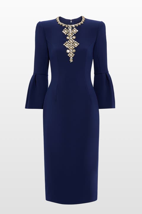 Margoni Bell-Sleeve Embellished Midi Dress