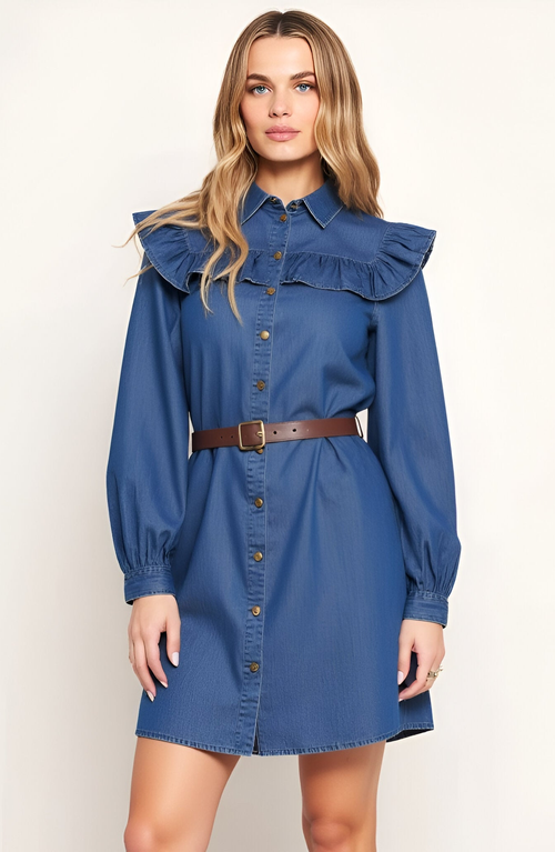 Modenaire Button-front Denim Shirt Dress With Ruffle Yoke In Blue
