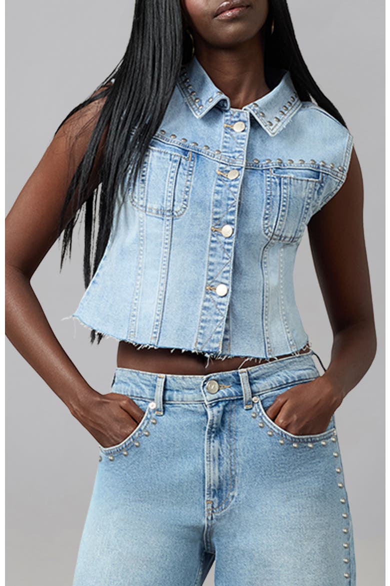 Gabbie Cropped Denim Vest, Main, color, STUDDEN WHIMSY BLUE