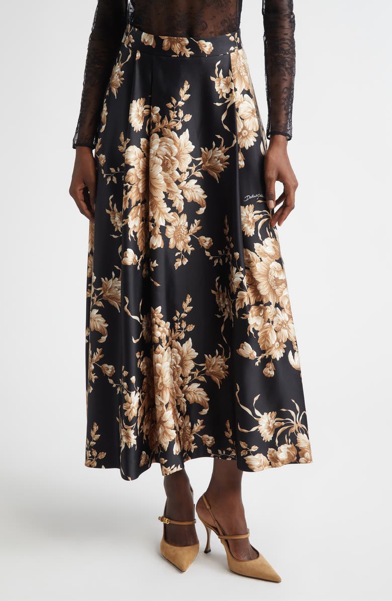 Dolce&Gabbana Rose Print Silk Satin A-Line Skirt, Main, color, Rose Print