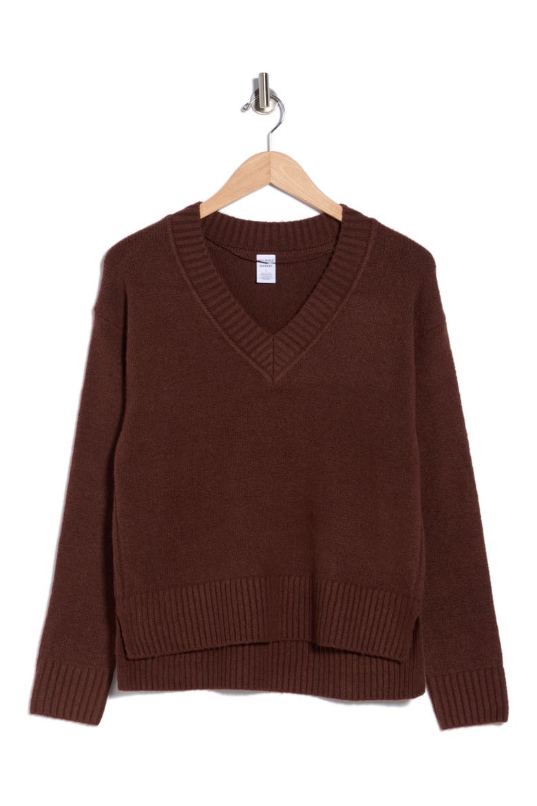 V-Neck Long Sleeve Sweater, Alternate, color, BROWN CHICORY