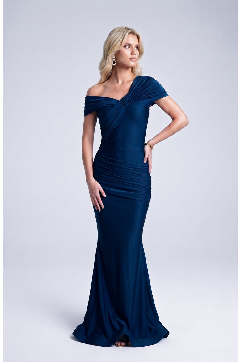 One Shoulder Twist Ruched Mermaid Evening Gown, Main, color, Navy