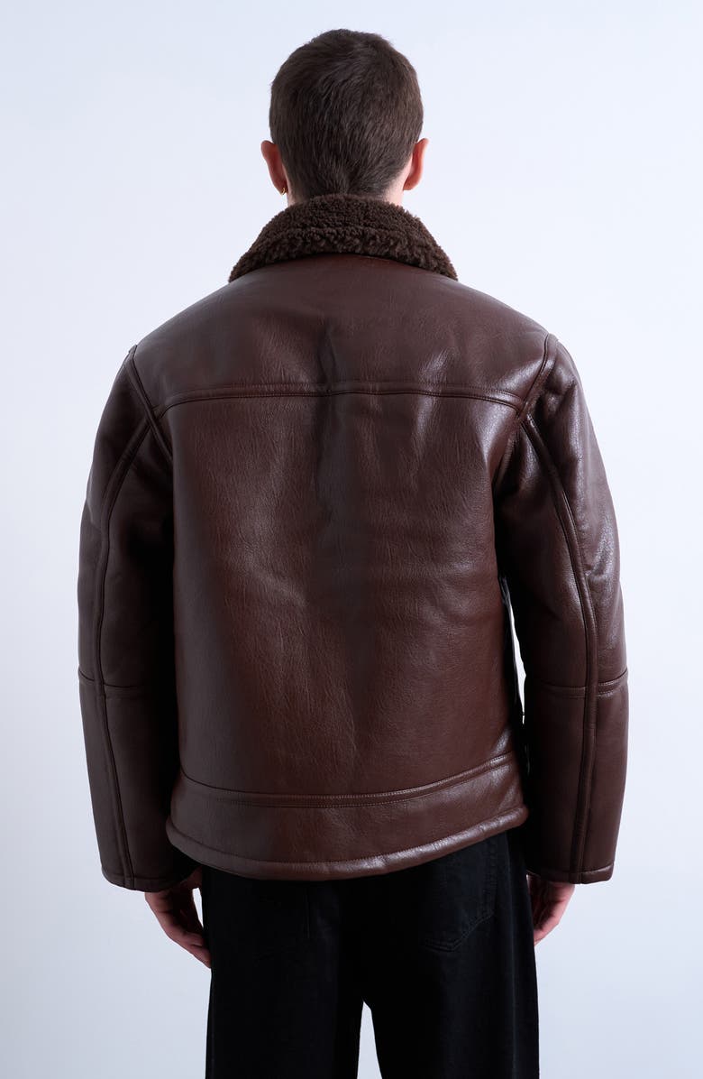 Topman Faux Shearling & Faux Leather Bomber Jacket, Alternate, color, Brown