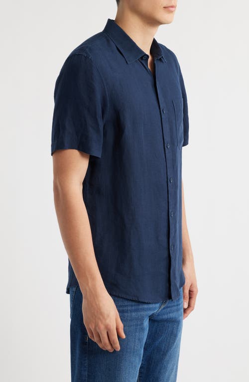 Nordstrom Solid Short Sleeve Linen Button-up Shirt In Navy Blazer