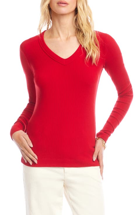 Rib V-Neck Long Sleeve Top
