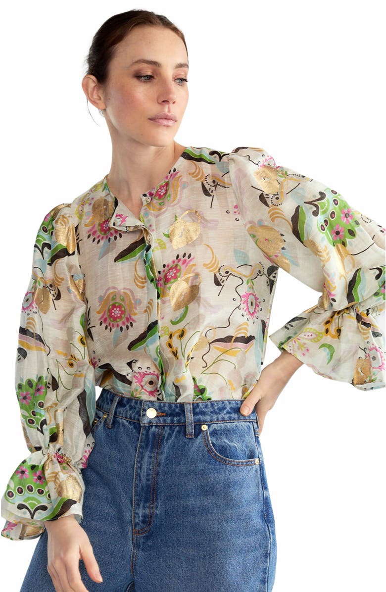 Cynthia Rowley Love Locket Silk Linen Blouse, Alternate, color, 