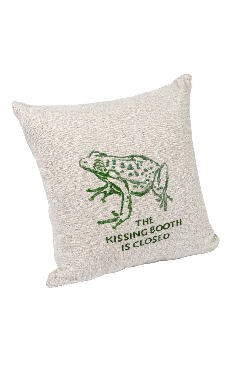 Storied Home 16" Square Linen Blend Printed Pillow with Frog and "The Kissing Booth is Closed" Text Prints and French Knots, Main, color, Natural