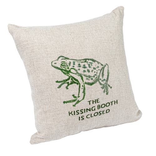 Storied Home 16" Square Linen Blend Printed Pillow with Frog and "The Kissing Booth is Closed" Text Prints and French Knots in Natural  product