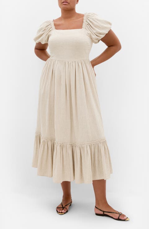 Simone Stripe Puff Sleeve Midi Dress (Plus)